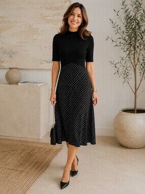 Zara Black Midi Dress with White Polka Dots